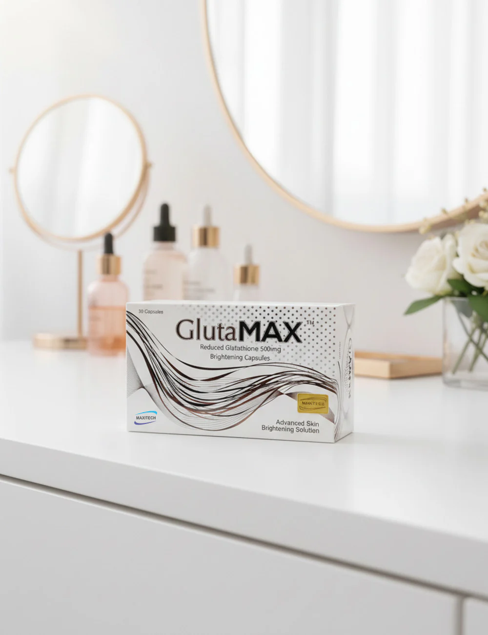 Gluta Max capsule box displayed on a bright vanity
